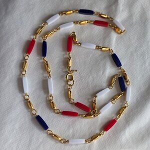 Vintage Trifari 35” Red White & Blue Lucite Bead Necklace Gold Tone Nautical